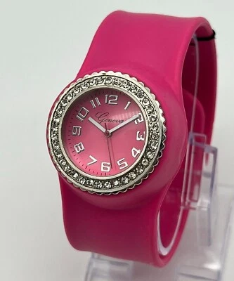 NEW Women's GENEVA Pink Slap Bracelet Watch, Silver Tone w/ Crystal Accents - Image 1 of 4
