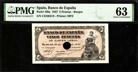 SPAIN 1937 5 PESETAS ☆ " BURGOS " ☆   P-106A  ☆ PMG-63 ☆ RARE ☆ Cover