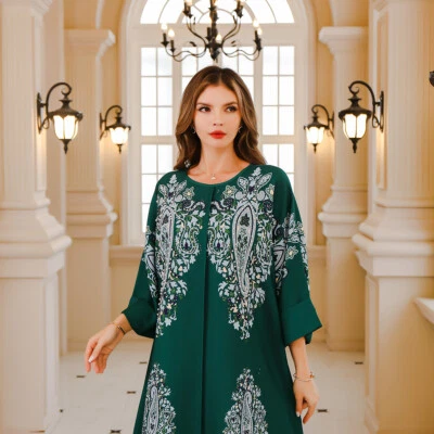 Women Beaded Dress Middle East Clothing Muslim Islamic Long Sleeve Abaya Kaftan - Image 1 of 4