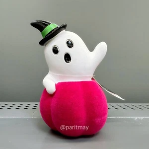 Halloween Flocked Resin Ghost & Pink Pumpkin Tabletop Decoration 4.75"H (NEW) - Picture 1 of 5