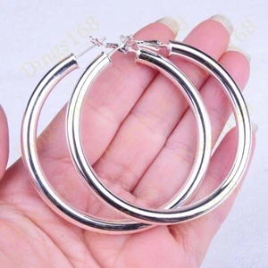 Ladies Classic 925 Sterling Silver 2.36" Large Hollow Tube Hoop Earrings C6 60MM - Picture 1 of 2