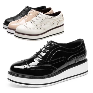 Women Wingtip Dress Oxford Shoes Wedge Heel Round Toe Lace Up Oxford Shoes - Picture 1 of 30
