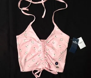 NWT Hollister summer top S smooth halter tie top floral print pink front cinch - Picture 1 of 3