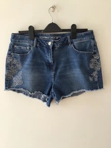 NEXT DENIM SHORTS. HIGH WAIST. SIZE 16, EMBROIDERY DETAIL - Picture 1 of 2