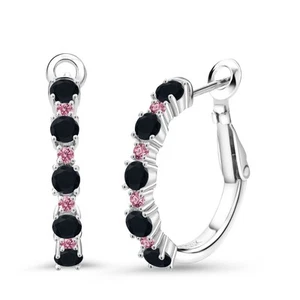 1.16 Ct Round Black Onyx Pink Lab Grown Diamond 925 Sterling Silver Earrings - Picture 1 of 4