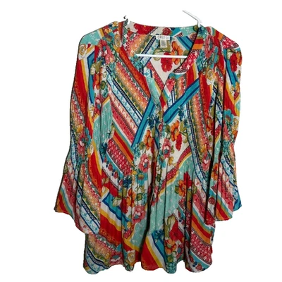 Blusa para mujer Spense grande colorida arco iris plisada acampanada manga 3/4 top artístico Foto 1 de 4