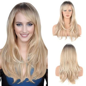 Blonde with Dark Roots ombre Wigs With Bangs,Long Wavy Straight Wigs for Women - Picture 1 of 8