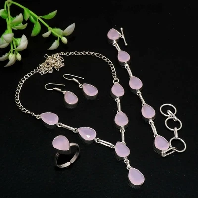 Cuarzo rosa 925 plata esterlina pera piedras preciosas hecho a mano regalo conjunto de joyas AAB 210 Foto 1 de 4