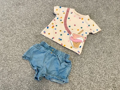 NEXT Completo T-shirt e pantaloncini jeans a pois gelato bambina - 12-18 mesi - Immagine 1 di 4