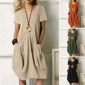 Vestido holgado de verano para dama informal manga corta algodón lino solero - Imagen 1 de 23
