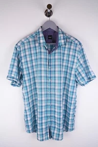 HUGO BOSS Men Casual Shirt Short Sleeves Slim Fit Blue Check Cotton size 2XL - Picture 1 of 7