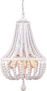 ALICE HOUSE 14" White Wood Bead Chandelier, Rustic Finish 3 Light Beaded Pendant - Picture 1 of 7