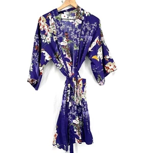 Vintage Japanischer Kimono Bademantel Morgenmantel Satin Lila Blumen Asiatisch 42 - Bild 1 von 12