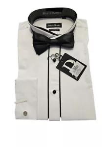 White Pleated Wingtip French Cuff Tuxedo Shirt W/ Black Bow Tie $10.00 #166 - Picture 1 of 1