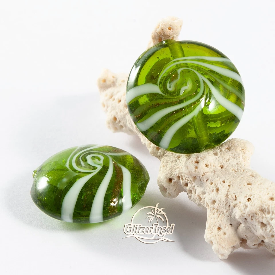 2x Perle Murano Lampwork Glas 20mm Grün Handarbeit GlitzerInsel 00009d - Bild 1 von 1
