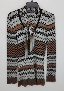 Suéter Hale Bob Mujer Pequeño Chevron Rayas Cuello Atado Años 70 Boho Artístico Pullover - Imagen 1 de 7
