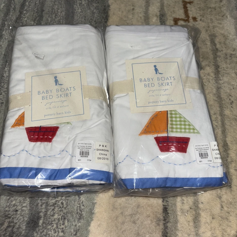 Pottery Barn Niños Cama Falda Bebé Barcos Cuna Peces RETIRADO Velero Algodón X2 Foto 1 de 3
