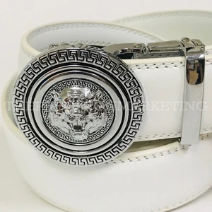 Men's Designer Leather Silver Lion Head Sliding Ratchet Buckle Tan Color Belt - Picture 1 of 33
