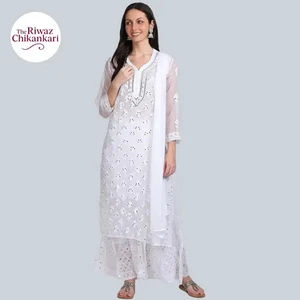 White Chikankari Kurti Hand Embroidered Women Long Mirror work Kurta For Women - Picture 1 of 5