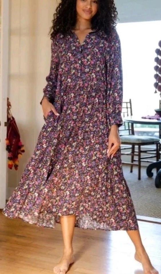 Vestido Natural Life Púrpura Floral Midi En Niveles Talla XL Bolsillos Manga Larga Boho Foto 1 de 4