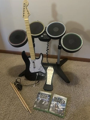 Xbox 360 Rock Band Drums w/ Guitar, Pedal, Games - Tested! - Image 1 of 4