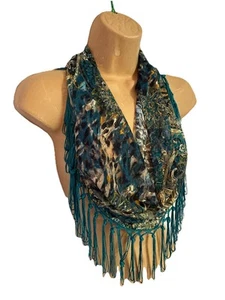 Boho Infinity Scarf Fringe Polyester Spandex Sheer Lightweight Colorful Unworn - Picture 1 of 14