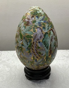 Large 8.5” Gilded Chinese Open Cloisonne Egg “Hundred Birds” on Wood Stand - Picture 1 of 12