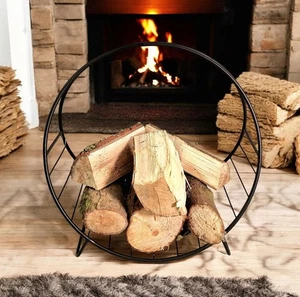 Black Metal Circular Log Holder Fireplace Wood Storage Stand Rustic Fire Rack - Picture 1 of 4