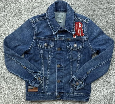 Polo Ralph Lauren Jacket Youth Medium Blue Denim Trucker Patches Polo Bear - Image 1 of 4