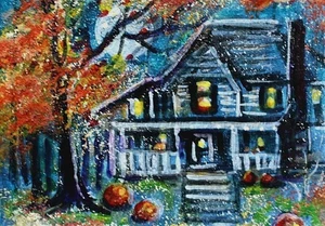ACEO Original Painting TREE Autumn COTTAGE Landscape FALL Leaves House ATC ART - Picture 1 of 1