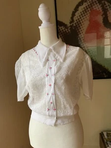 1950s Short Sleeve Summer Blouse - Vintage Summer Blouse Embroidered S - Picture 1 of 14