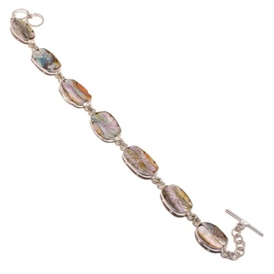 Elongated Oval Carved Mother of Pearl Gemstone Unique Handmade Flower Bracelet - Image 1 of 2