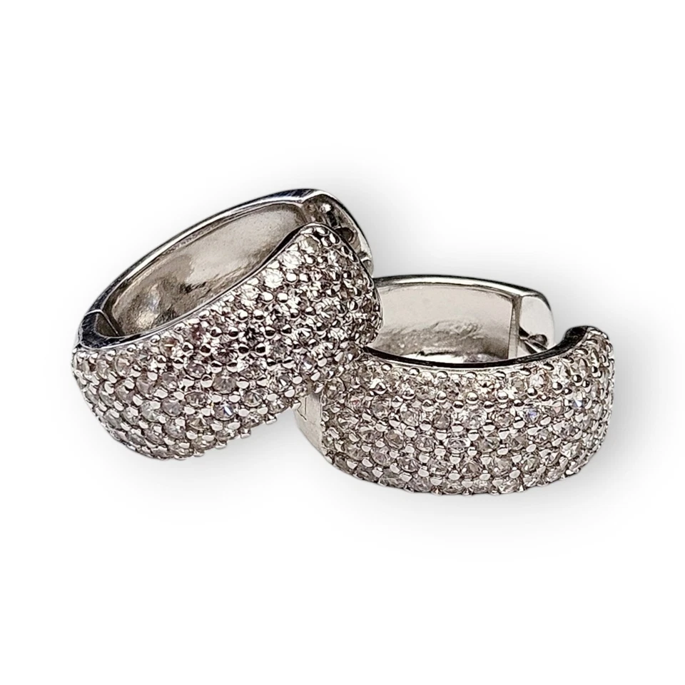 White Topaz Hoop Earrings Sterling Wide Huggie Pave Gemstone 925 Silver 3/4"     - Image 1 of 4