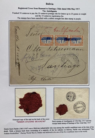1917 Huanuni Bolivia Simon Iturri Red Wax Seal Cover To Santiago Chile Cover