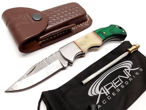 Green Damascus Pocket Knife Blade Lock back Wood Bone Handle Leather Holster - Picture 1 of 7