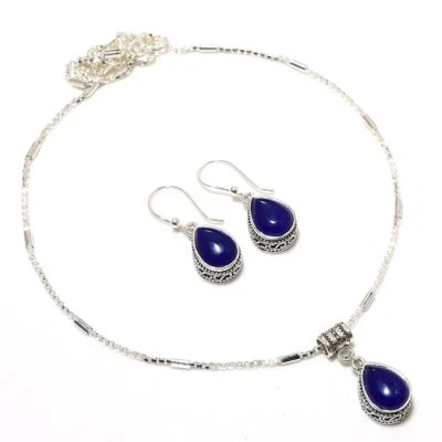 Juego de collar y pendientes hechos a mano enchapados en plata 925 de ónix azul de 18" Foto 1 de 3