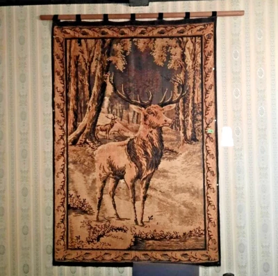 Vintage Tapestry Wall Hanging STAG Elk Deer 71" x 48" Brown Woven Rug - Image 1 of 4