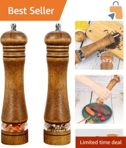 Elegant 8" Refillable Oak Wood Salt and Pepper Grinder Set with Adjustable Co... - Picture 1 of 8