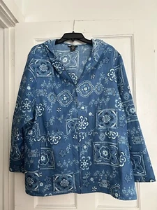Carole Little Woman Blue Bandana Print Linen Jacket with Hood - Zip Front - 2X - Picture 1 of 7