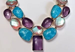 Purple & Turquoise Stone Chain Link Necklace in Silver Setting~Larimar? D11 - Picture 1 of 5