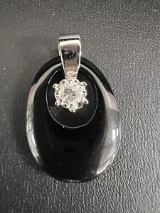 Ciondolo Onice Nero Diamante Diamante Nero Oro Bianco 14K Naturale .27CT F/VS1 Solitario Taglio Rotondo - Foto 1 di 15