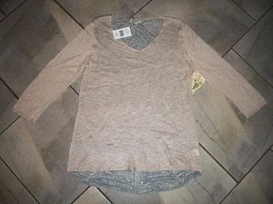 1102 One World Beige V-Neck Sheer Back 3/4 Sleeve Acrylic Sweater Top L - Picture 1 of 2