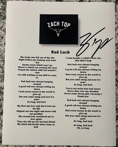 ZACH TOP SIGNED LYRIC SHEET BAD LUCK AUTHENTIC AUTOGRAPH COUNTRY SINGER COA - Picture 1 of 2