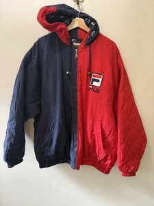 Vtg 90s FILA Colorblock Blue Red White Winter Hooded Puffer Jacket Men’s XXL - Picture 1 of 7
