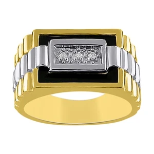 Mens Diamond & Onyx Ring Sterling Silver or Yellow Gold Plated - Picture 1 of 2