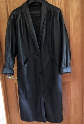 Gabardina larga de cuero negra vintage Jacqueline Ferrar rara MUJER GRANDE Foto 1 de 4