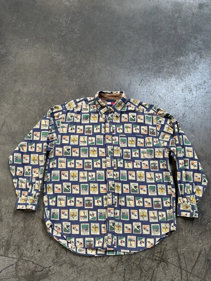 Rara Camisa Vintage Tommy Hilfiger Manga Longa Botões Esportes de Inverno Esqui AOP - Imagem 1 de 4