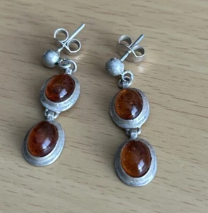 925 Silver Double Drop Amber Drop Earrings/ Vintage - Picture 1 of 7