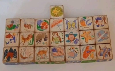 Vtg 40-50's Collectible Play Blocks Picture Alphabet Approx. 1 3/4" Set Of 22 - Image 1 of 4