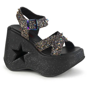 Demonia DYNAMITE-02 5" Star Cutout Platform Wedge Ankle Strap Sandal, Black, 10 - Picture 1 of 5